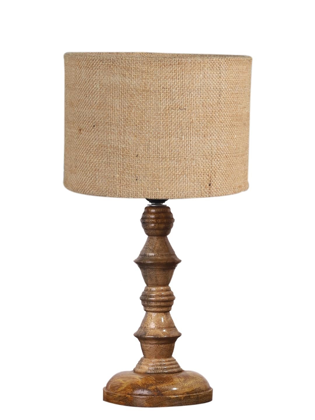 Beige Jute Shade Table Lamp with Wooden Base (Height 15.5 Inches, Without Bulb) | Elegant Bedside & Desk Lamp for Living Room, Bedroom, Home Decor, Office & Gift | Decorative Lighting Lamp