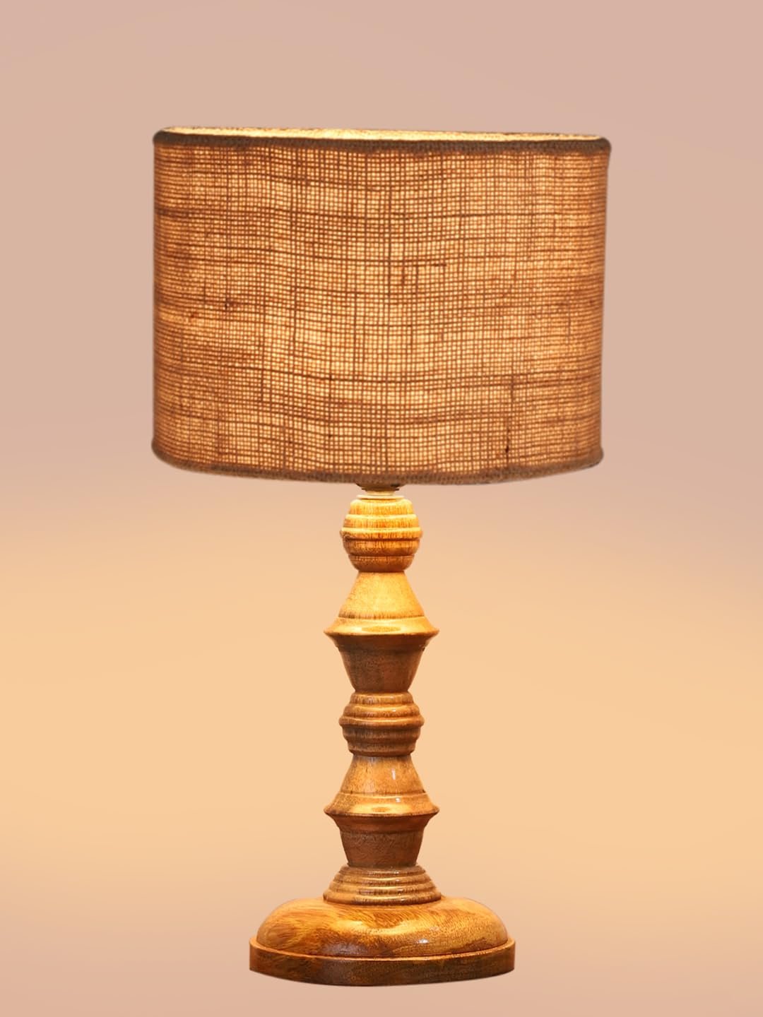 Beige Jute Shade Table Lamp with Wooden Base (Height 15.5 Inches, Without Bulb) | Elegant Bedside & Desk Lamp for Living Room, Bedroom, Home Decor, Office & Gift | Decorative Lighting Lamp