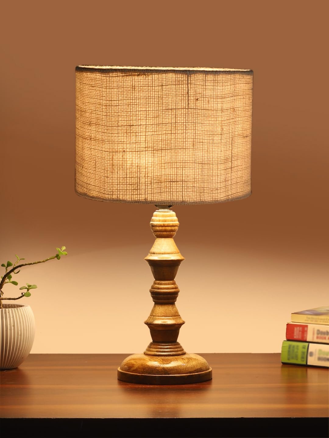 White Jute Shade Table Lamp with Wooden Base (Height 15.5 Inches, Without Bulb) | Elegant Bedside & Desk Lamp for Living Room, Bedroom, Home Decor, Office & Gift | Decorative Lighting Lamp