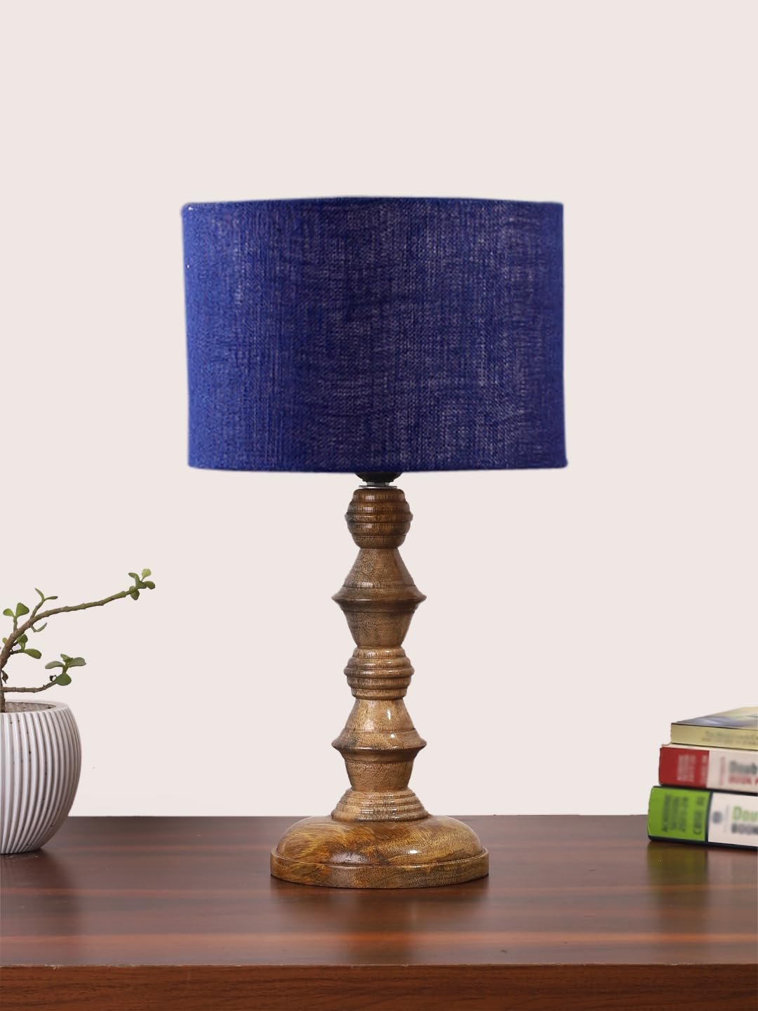 Blue Jute Shade Table Lamp with Wooden Base (Height 15.5 Inches, Without Bulb) | Elegant Bedside & Desk Lamp for Living Room, Bedroom, Home Decor, Office & Gift | Decorative Lighting Lamp