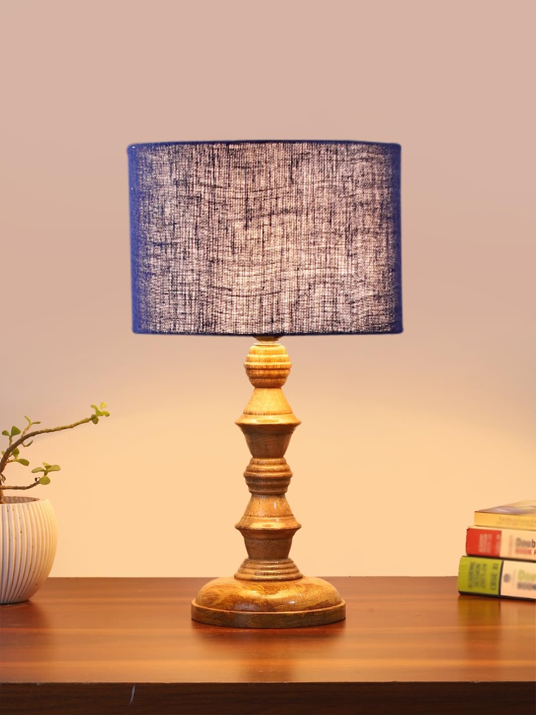 Blue Jute Shade Table Lamp with Wooden Base (Height 15.5 Inches, Without Bulb) | Elegant Bedside & Desk Lamp for Living Room, Bedroom, Home Decor, Office & Gift | Decorative Lighting Lamp