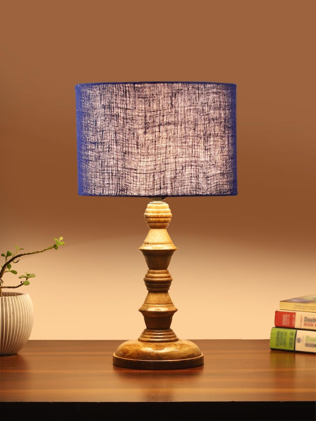 Blue Jute Shade Table Lamp with Wooden Base (Height 15.5 Inches, Without Bulb) | Elegant Bedside & Desk Lamp for Living Room, Bedroom, Home Decor, Office & Gift | Decorative Lighting Lamp