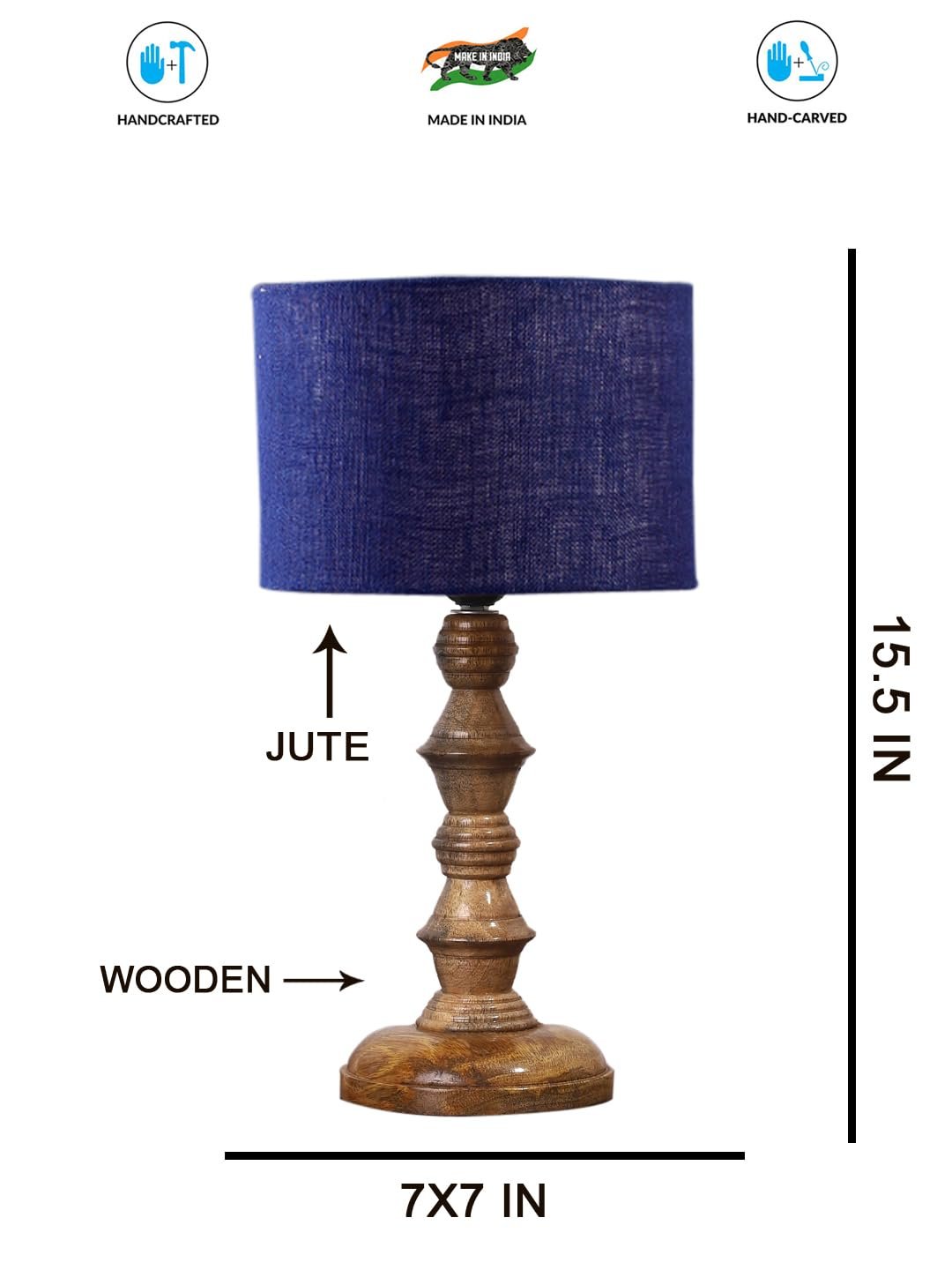 Blue Jute Shade Table Lamp with Wooden Base (Height 15.5 Inches, Without Bulb) | Elegant Bedside & Desk Lamp for Living Room, Bedroom, Home Decor, Office & Gift | Decorative Lighting Lamp