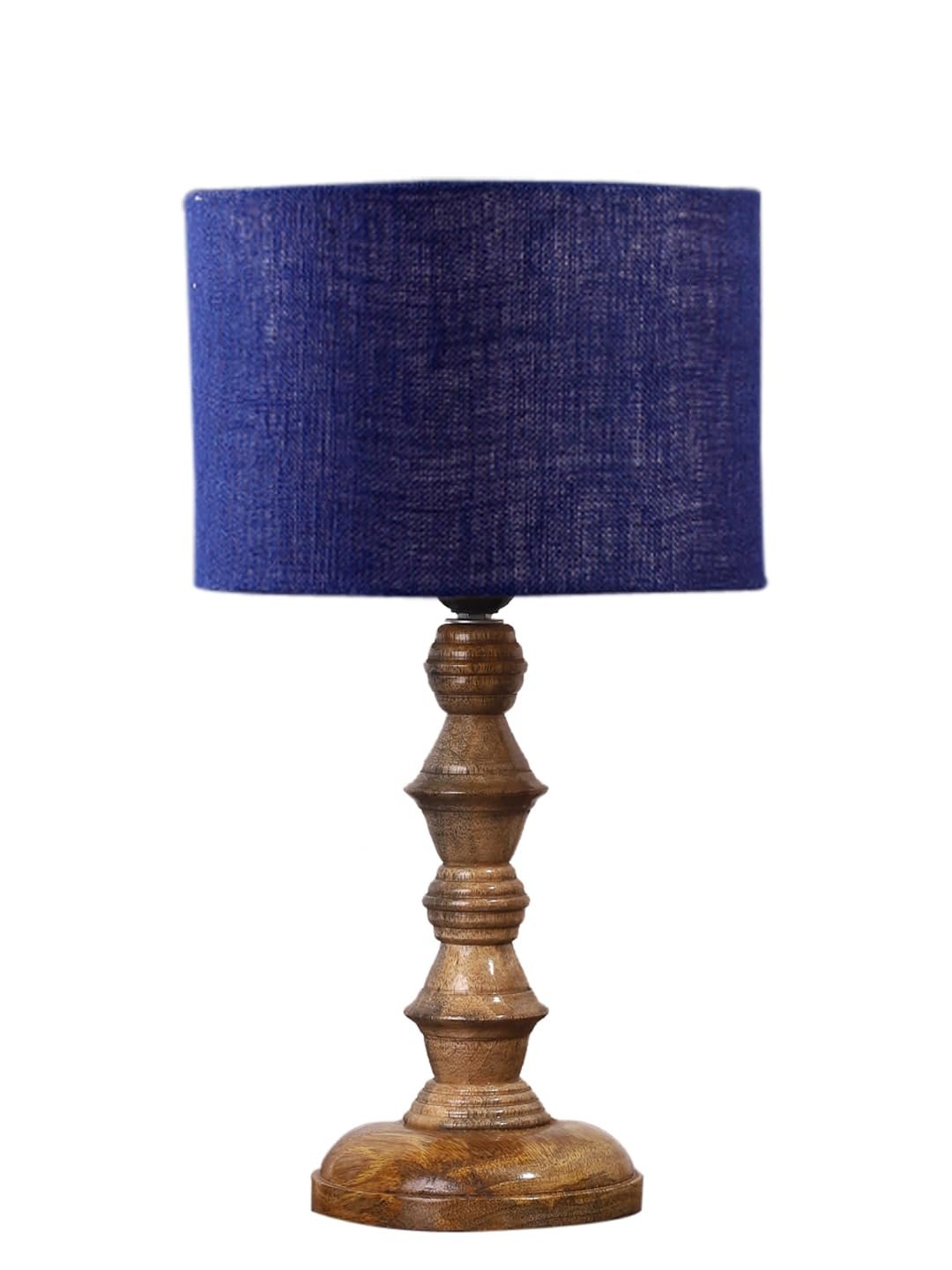Blue Jute Shade Table Lamp with Wooden Base (Height 15.5 Inches, Without Bulb) | Elegant Bedside & Desk Lamp for Living Room, Bedroom, Home Decor, Office & Gift | Decorative Lighting Lamp