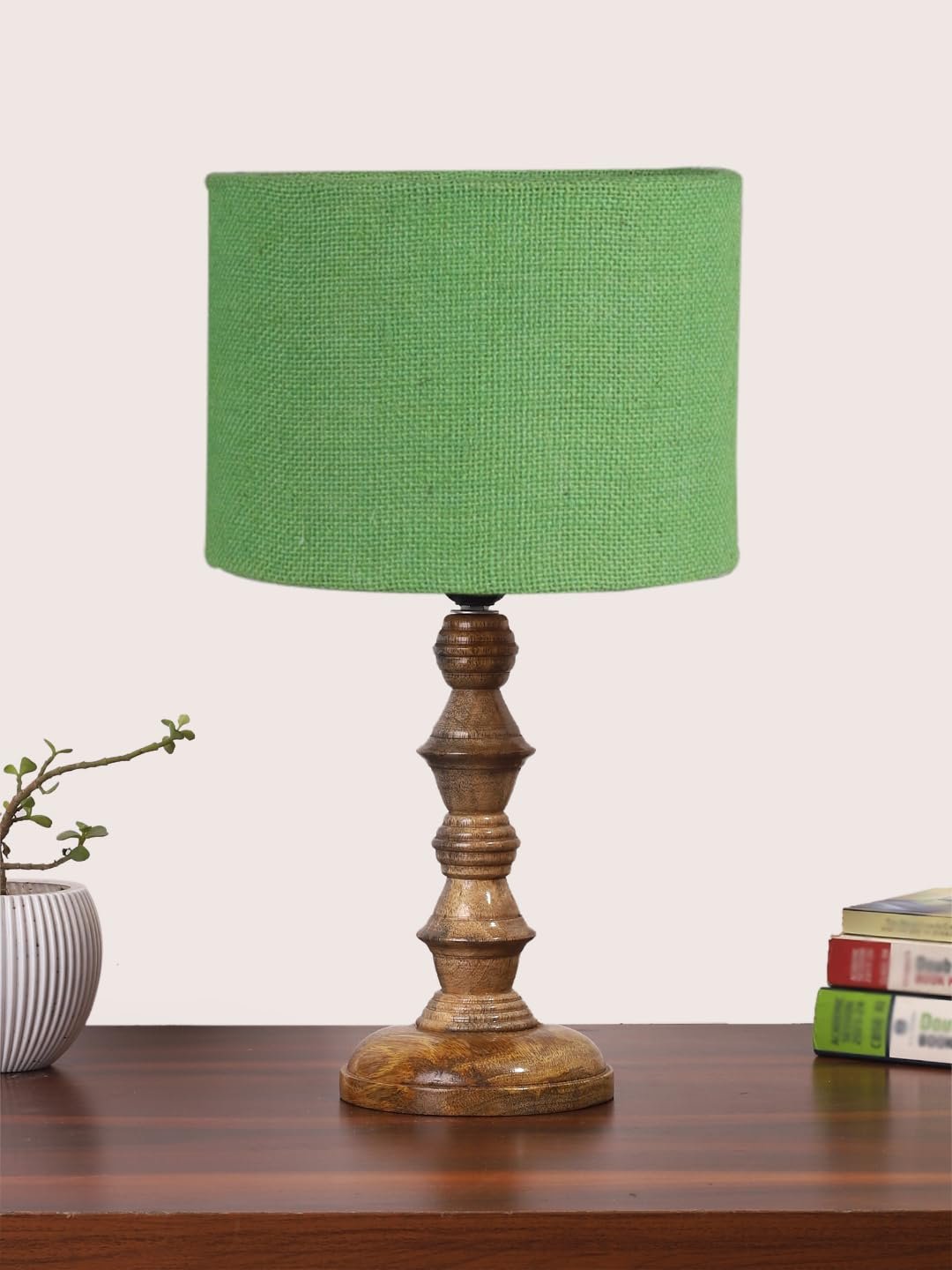 Green Jute Shade Table Lamp with Wooden Base (Height 15.5 Inches, Without Bulb) | Elegant Bedside & Desk Lamp for Living Room, Bedroom, Home Decor, Office & Gift | Decorative Lighting Lamp