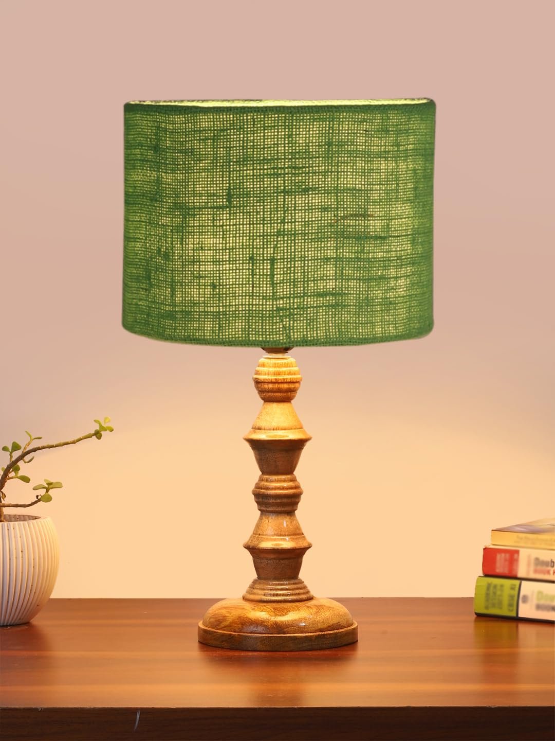 Green Jute Shade Table Lamp with Wooden Base (Height 15.5 Inches, Without Bulb) | Elegant Bedside & Desk Lamp for Living Room, Bedroom, Home Decor, Office & Gift | Decorative Lighting Lamp