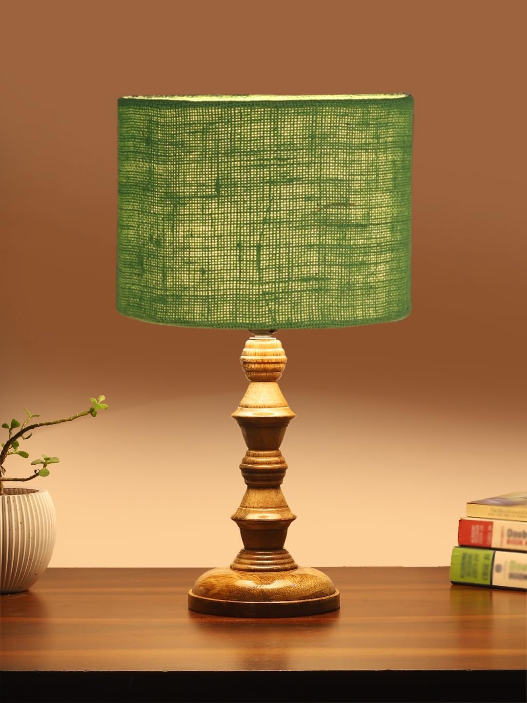 Green Jute Shade Table Lamp with Wooden Base (Height 15.5 Inches, Without Bulb) | Elegant Bedside & Desk Lamp for Living Room, Bedroom, Home Decor, Office & Gift | Decorative Lighting Lamp
