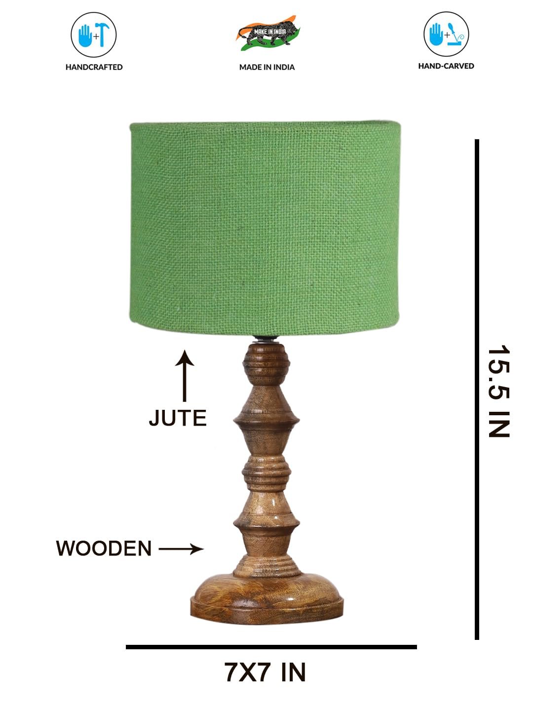 Green Jute Shade Table Lamp with Wooden Base (Height 15.5 Inches, Without Bulb) | Elegant Bedside & Desk Lamp for Living Room, Bedroom, Home Decor, Office & Gift | Decorative Lighting Lamp