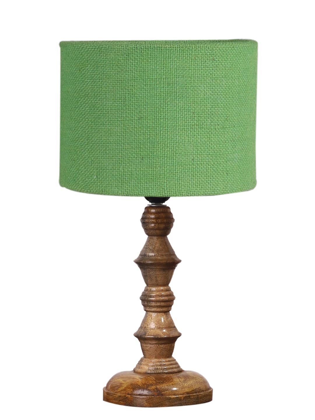 Green Jute Shade Table Lamp with Wooden Base (Height 15.5 Inches, Without Bulb) | Elegant Bedside & Desk Lamp for Living Room, Bedroom, Home Decor, Office & Gift | Decorative Lighting Lamp