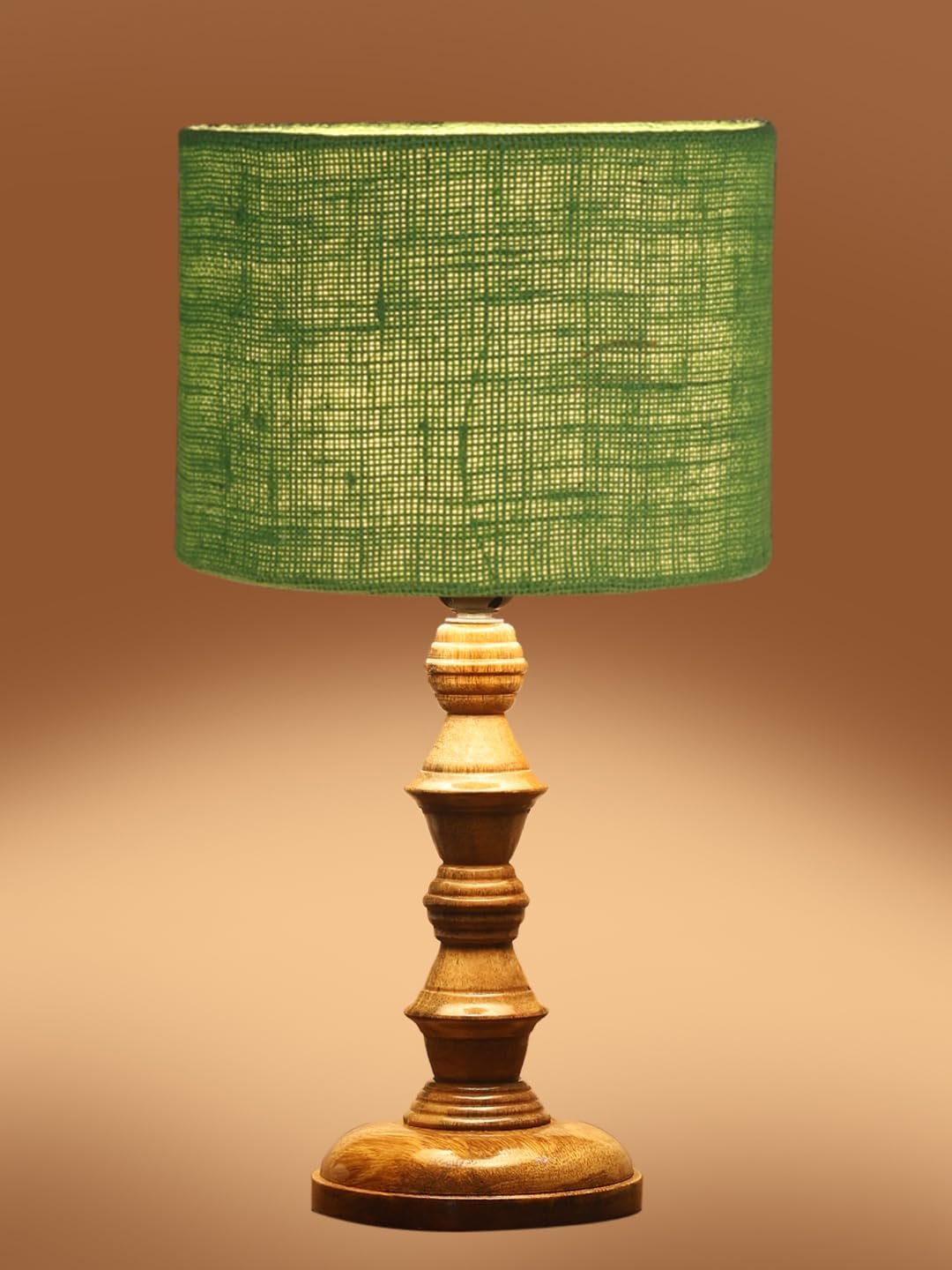 Green Jute Shade Table Lamp with Wooden Base (Height 15.5 Inches, Without Bulb) | Elegant Bedside & Desk Lamp for Living Room, Bedroom, Home Decor, Office & Gift | Decorative Lighting Lamp