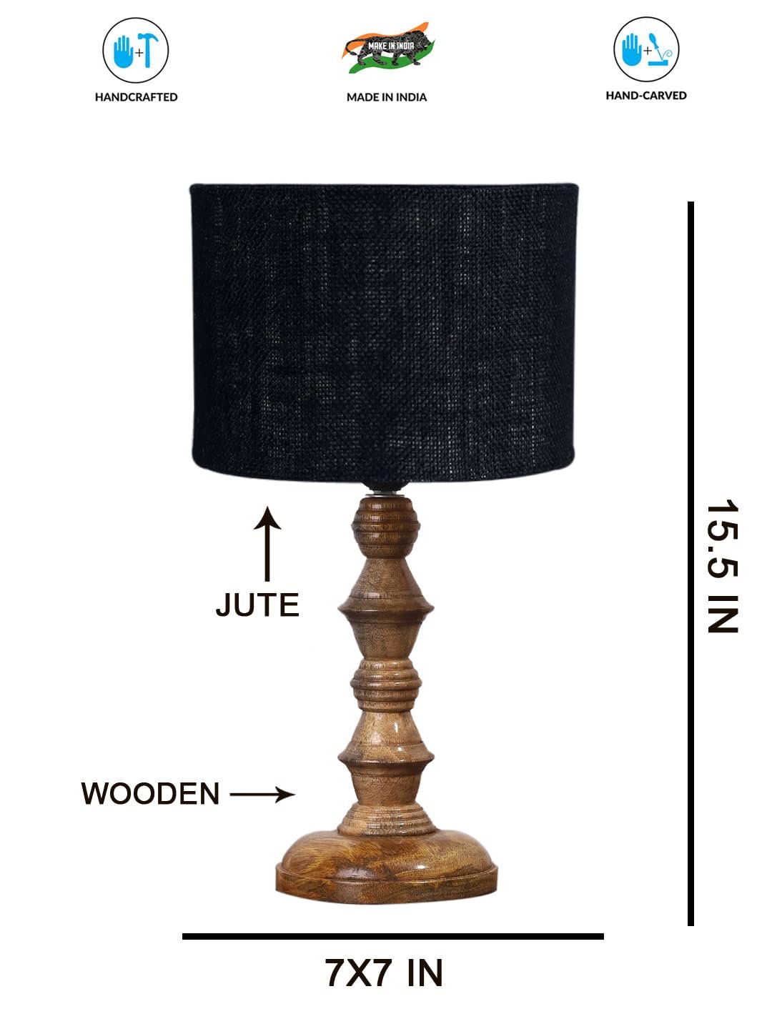Black Jute Shade Table Lamp with Wooden Base (Height 15.5 Inches, Without Bulb) | Elegant Bedside & Desk Lamp for Living Room, Bedroom, Home Decor, Office & Gift | Decorative Lighting Lamp
