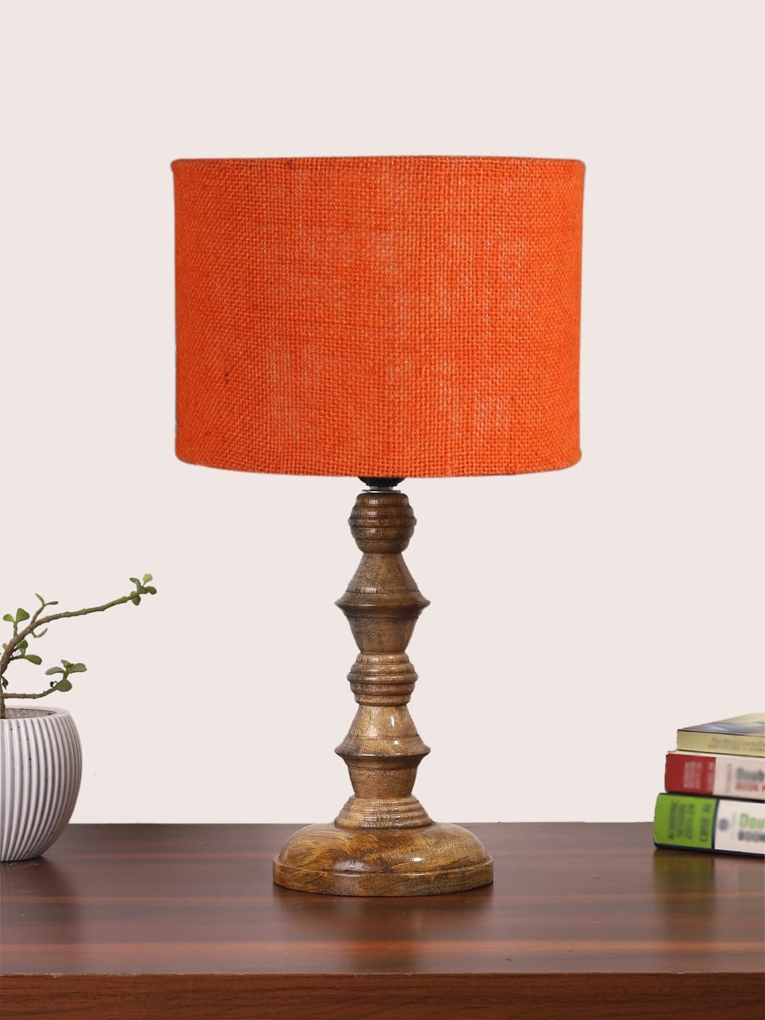 Orange Jute Shade Table Lamp with Wooden Base (Height 15.5 Inches, Without Bulb) | Elegant Bedside & Desk Lamp for Living Room, Bedroom, Home Decor, Office & Gift | Decorative Lighting Lamp