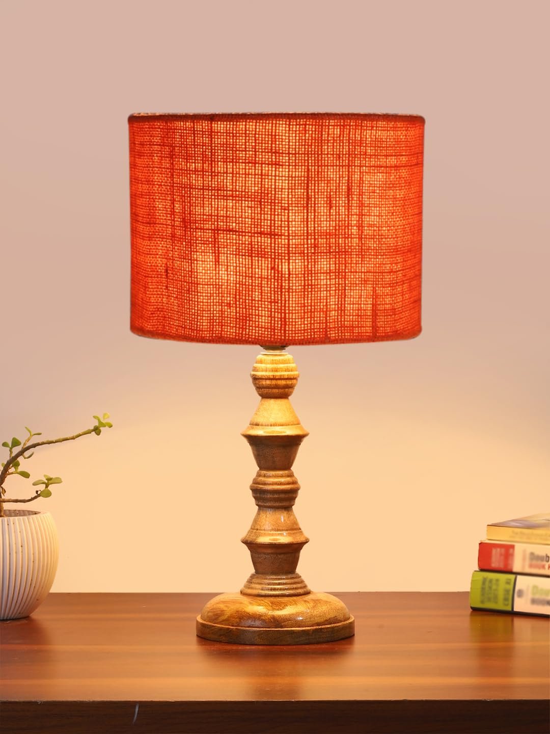 Orange Jute Shade Table Lamp with Wooden Base (Height 15.5 Inches, Without Bulb) | Elegant Bedside & Desk Lamp for Living Room, Bedroom, Home Decor, Office & Gift | Decorative Lighting Lamp