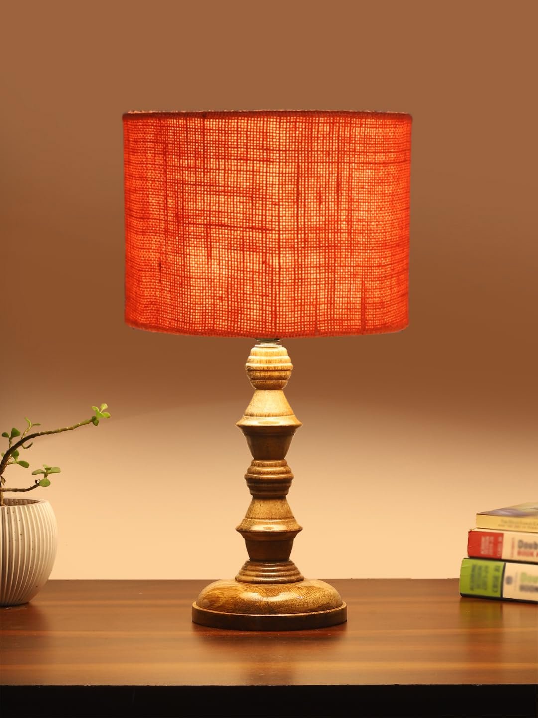 Orange Jute Shade Table Lamp with Wooden Base (Height 15.5 Inches, Without Bulb) | Elegant Bedside & Desk Lamp for Living Room, Bedroom, Home Decor, Office & Gift | Decorative Lighting Lamp