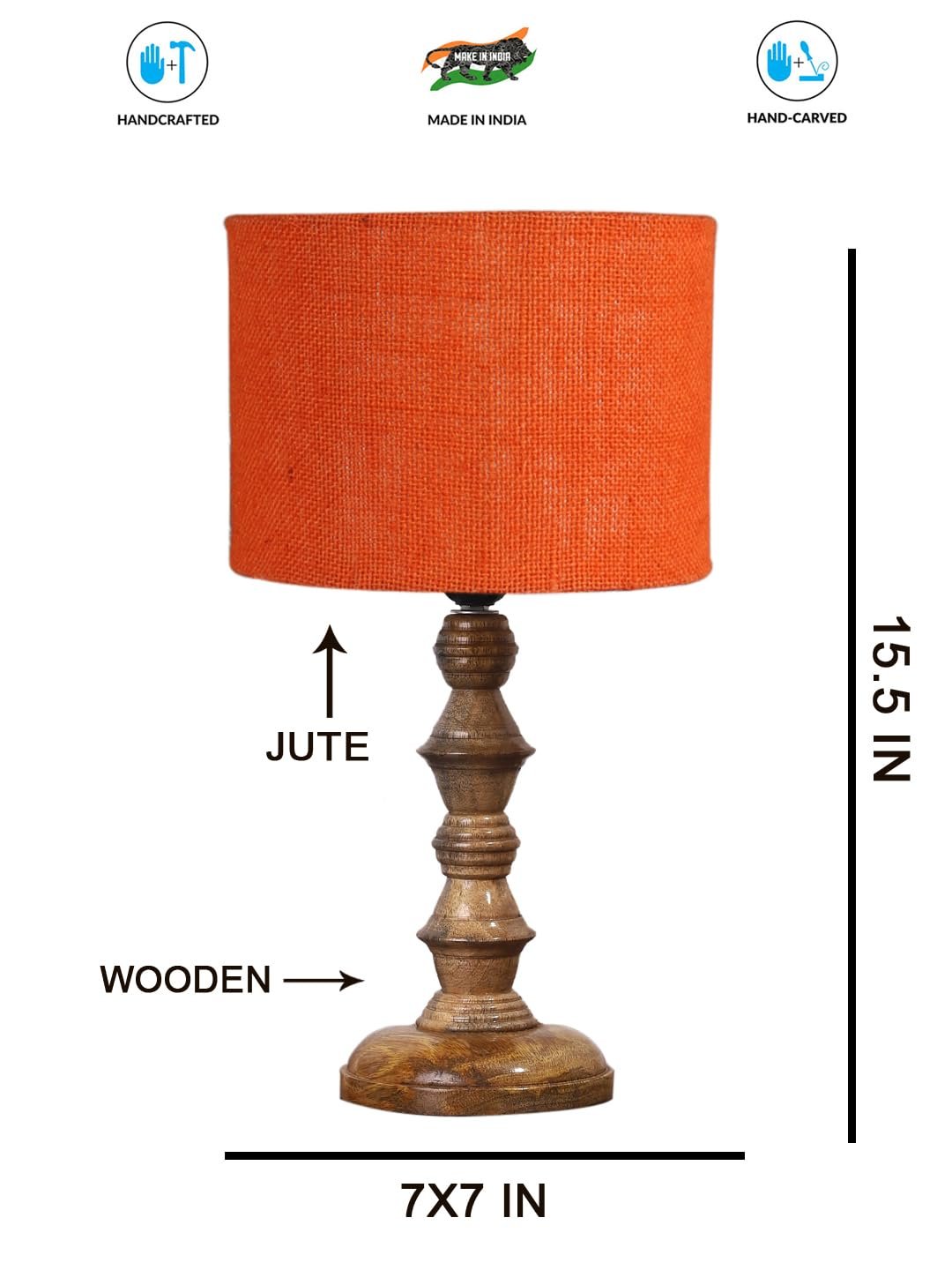 Orange Jute Shade Table Lamp with Wooden Base (Height 15.5 Inches, Without Bulb) | Elegant Bedside & Desk Lamp for Living Room, Bedroom, Home Decor, Office & Gift | Decorative Lighting Lamp