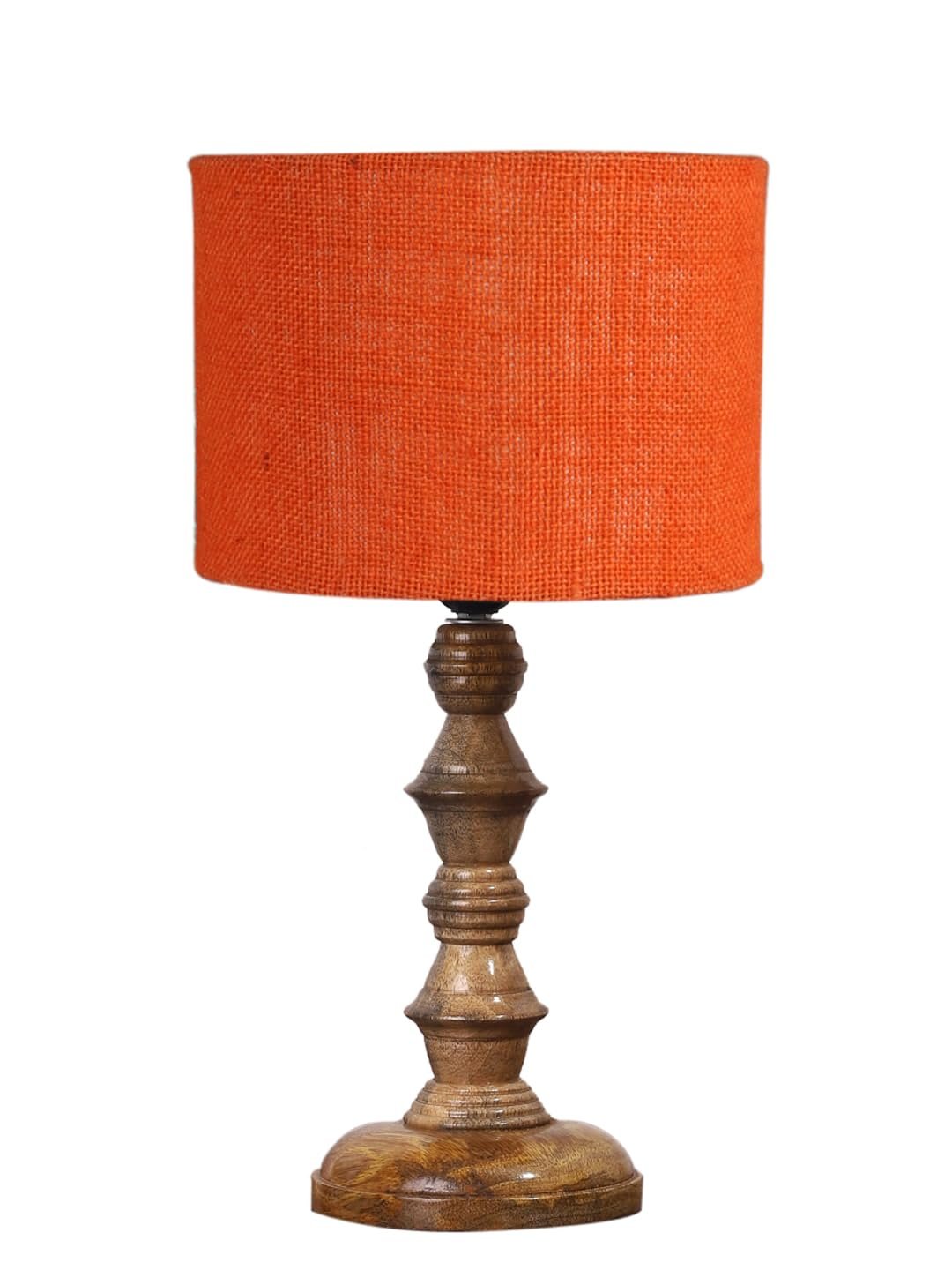 Orange Jute Shade Table Lamp with Wooden Base (Height 15.5 Inches, Without Bulb) | Elegant Bedside & Desk Lamp for Living Room, Bedroom, Home Decor, Office & Gift | Decorative Lighting Lamp