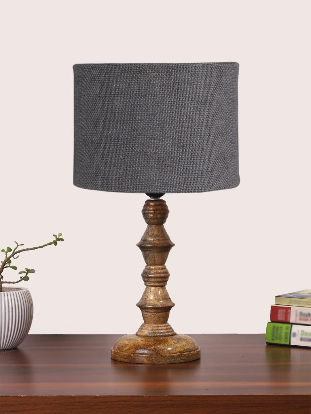 Grey Jute Shade Table Lamp with Wooden Base (Height 15.5 Inches, Without Bulb) | Elegant Bedside & Desk Lamp for Living Room, Bedroom, Home Decor, Office & Gift | Decorative Lighting Lamp