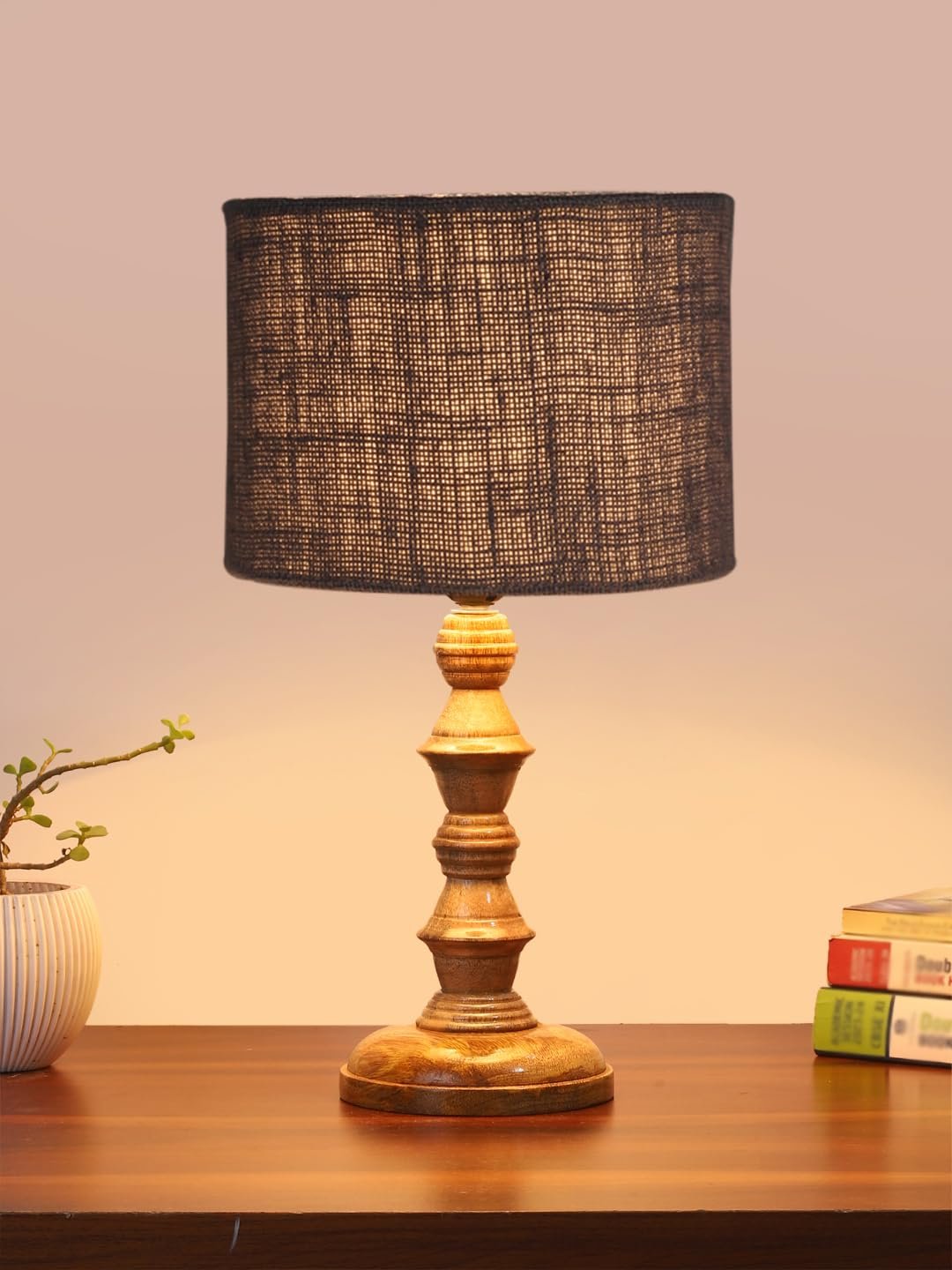Grey Jute Shade Table Lamp with Wooden Base (Height 15.5 Inches, Without Bulb) | Elegant Bedside & Desk Lamp for Living Room, Bedroom, Home Decor, Office & Gift | Decorative Lighting Lamp