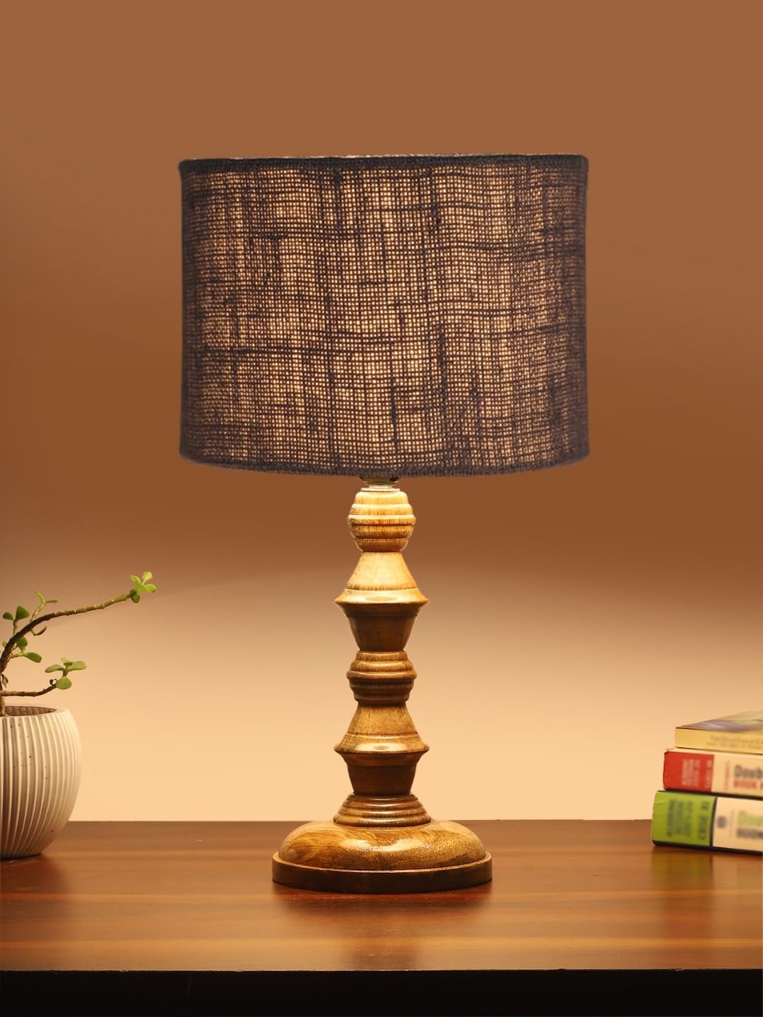 Grey Jute Shade Table Lamp with Wooden Base (Height 15.5 Inches, Without Bulb) | Elegant Bedside & Desk Lamp for Living Room, Bedroom, Home Decor, Office & Gift | Decorative Lighting Lamp