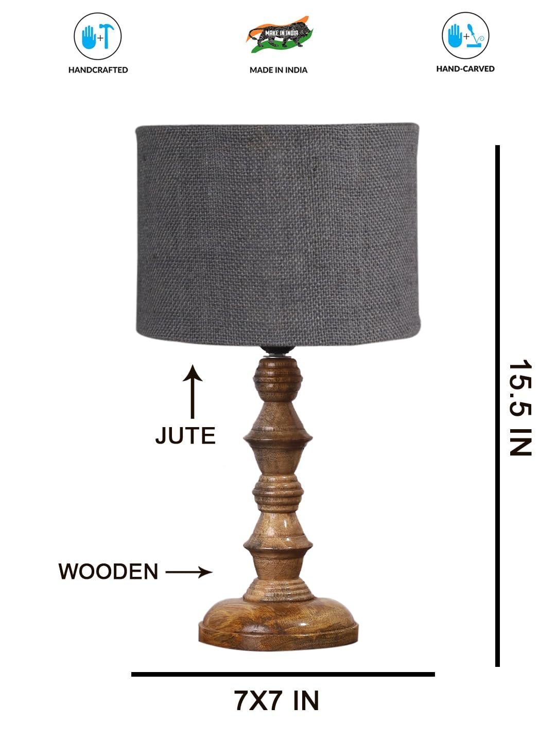 Grey Jute Shade Table Lamp with Wooden Base (Height 15.5 Inches, Without Bulb) | Elegant Bedside & Desk Lamp for Living Room, Bedroom, Home Decor, Office & Gift | Decorative Lighting Lamp
