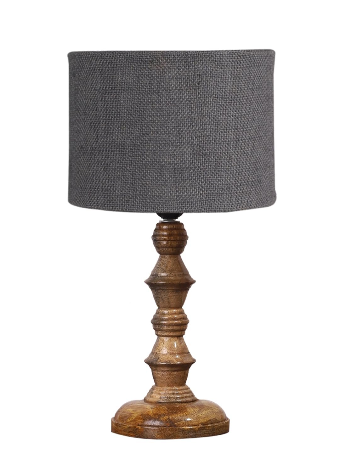 Grey Jute Shade Table Lamp with Wooden Base (Height 15.5 Inches, Without Bulb) | Elegant Bedside & Desk Lamp for Living Room, Bedroom, Home Decor, Office & Gift | Decorative Lighting Lamp