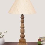 Off White Cotton Shade Table Lamp with Wooden Natural Base – Height 21Inches/Without Bulb | for Living Room, Bedroom Decoration, Home Decor, Gifting | Decorative Bedside & Desk Table Lamp