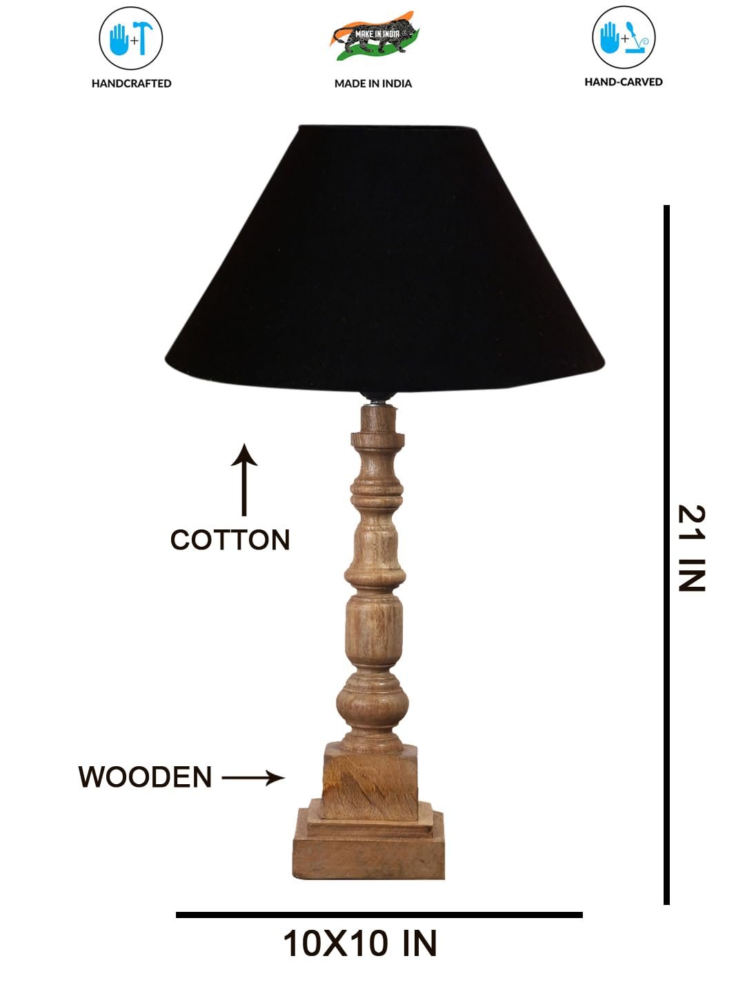 Black Cotton Shade Table Lamp with Wooden Natural Base - Height 21Inches/Without Bulb | for Living Room, Bedroom Decoration, Home Decor, Gifting | Decorative Bedside & Desk Table Lamp