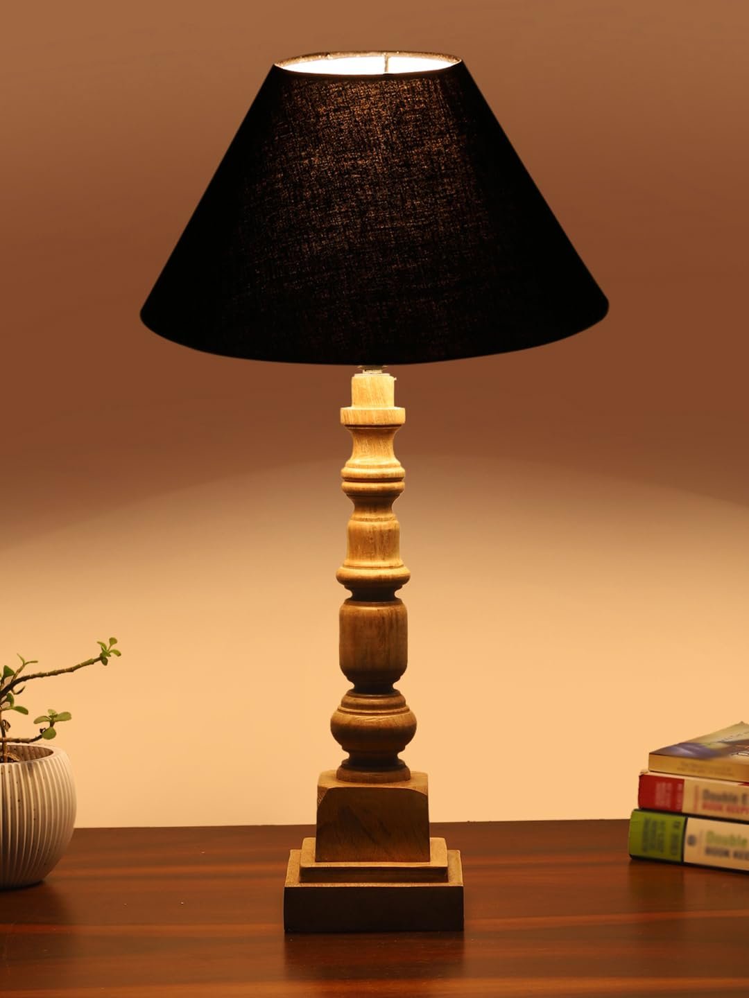 Black Cotton Shade Table Lamp with Wooden Natural Base - Height 21Inches/Without Bulb | for Living Room, Bedroom Decoration, Home Decor, Gifting | Decorative Bedside & Desk Table Lamp