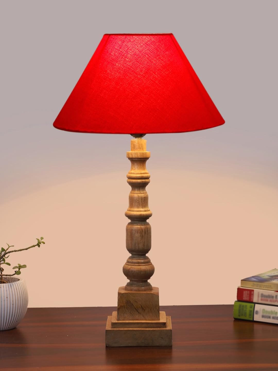 Red Cotton Shade Table Lamp with Wooden Natural Base - Height 21Inches/Without Bulb | for Living Room, Bedroom Decoration, Home Decor, Gifting | Decorative Bedside & Desk Table Lamp