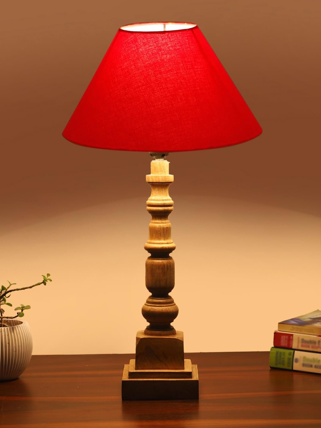 Red Cotton Shade Table Lamp with Wooden Natural Base - Height 21Inches/Without Bulb | for Living Room, Bedroom Decoration, Home Decor, Gifting | Decorative Bedside & Desk Table Lamp