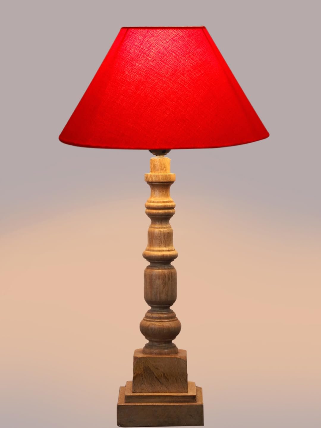 Red Cotton Shade Table Lamp with Wooden Natural Base - Height 21Inches/Without Bulb | for Living Room, Bedroom Decoration, Home Decor, Gifting | Decorative Bedside & Desk Table Lamp