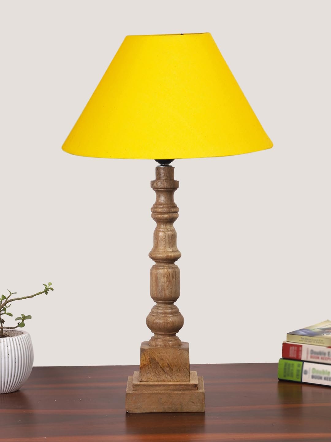 Yellow Cotton Shade Table Lamp with Wooden Natural Base - Height 21Inches/Without Bulb | for Living Room, Bedroom Decoration, Home Decor, Gifting | Decorative Bedside & Desk Table Lamp