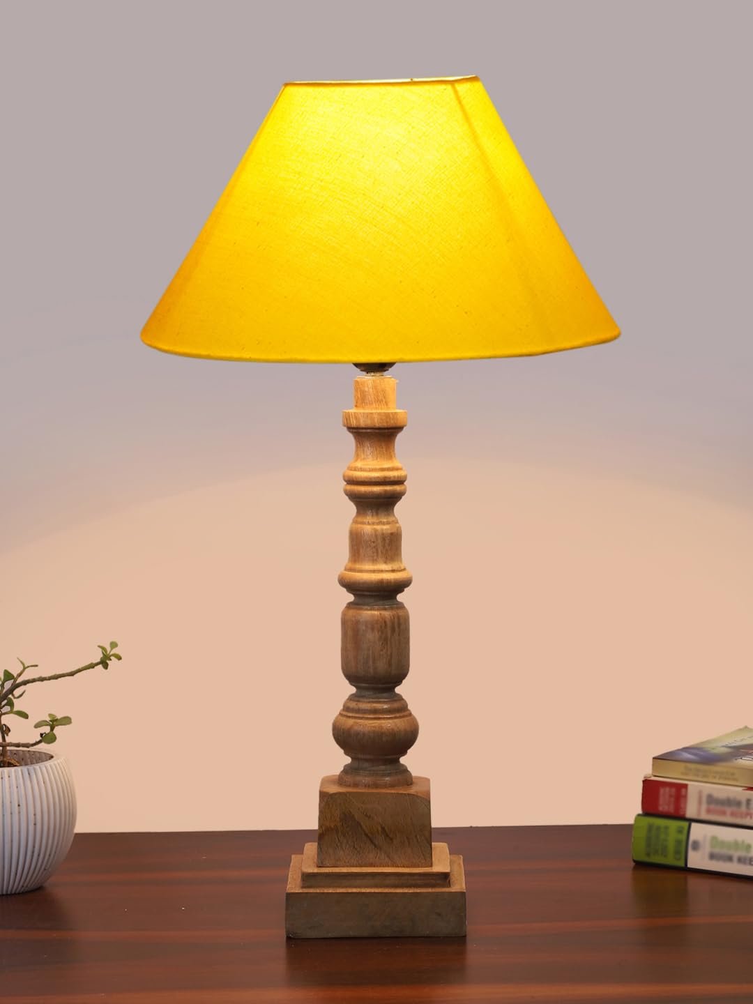 Yellow Cotton Shade Table Lamp with Wooden Natural Base - Height 21Inches/Without Bulb | for Living Room, Bedroom Decoration, Home Decor, Gifting | Decorative Bedside & Desk Table Lamp