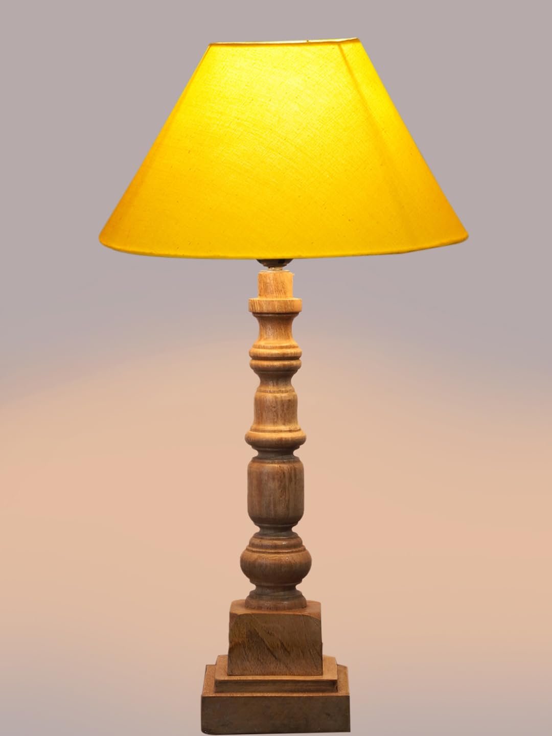 Yellow Cotton Shade Table Lamp with Wooden Natural Base - Height 21Inches/Without Bulb | for Living Room, Bedroom Decoration, Home Decor, Gifting | Decorative Bedside & Desk Table Lamp