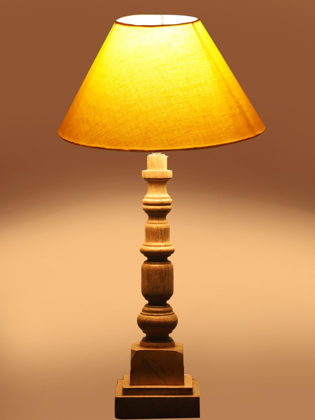 Yellow Cotton Shade Table Lamp with Wooden Natural Base - Height 21Inches/Without Bulb | for Living Room, Bedroom Decoration, Home Decor, Gifting | Decorative Bedside & Desk Table Lamp