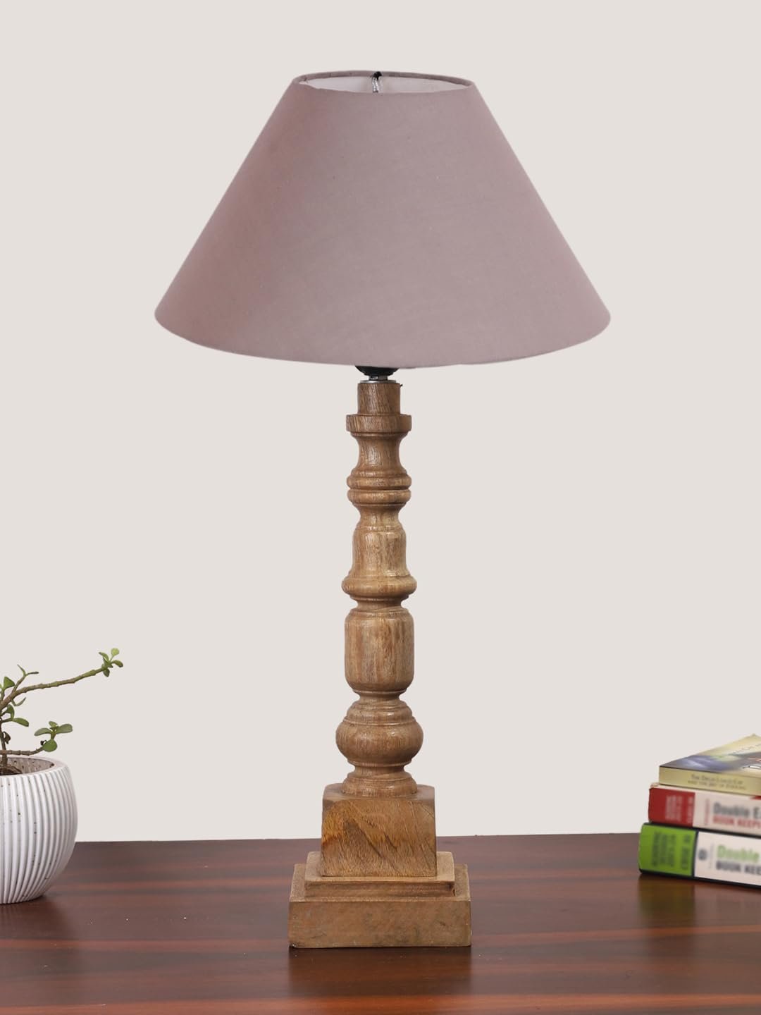 Grey Table Lamp with Wooden Natural Base - Height 21Inches/Without Bulb | for Living Room, Bedroom Decoration, Home Decor, Gifting | Decorative Bedside & Desk Table Lamp