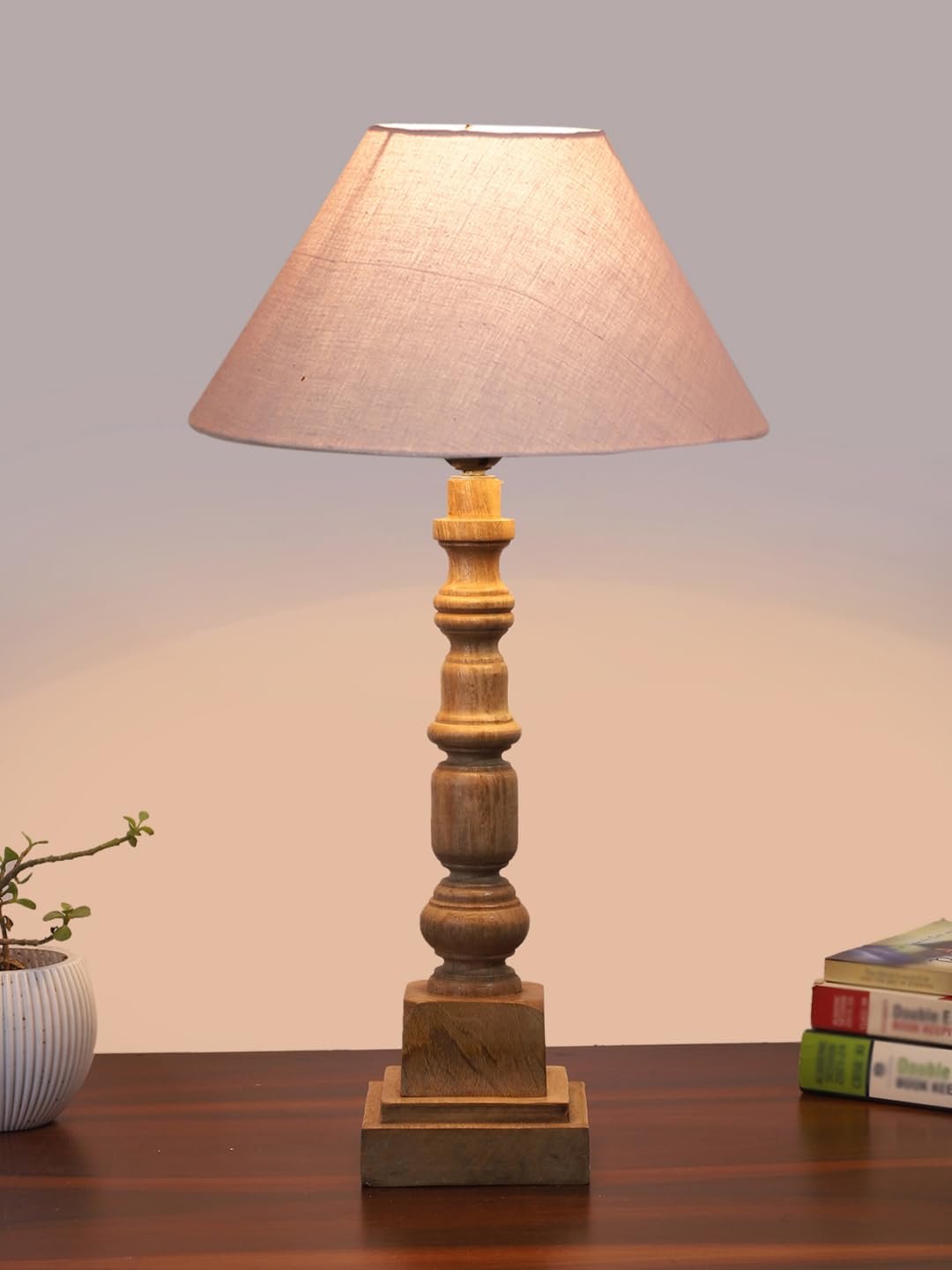 Grey Table Lamp with Wooden Natural Base - Height 21Inches/Without Bulb | for Living Room, Bedroom Decoration, Home Decor, Gifting | Decorative Bedside & Desk Table Lamp