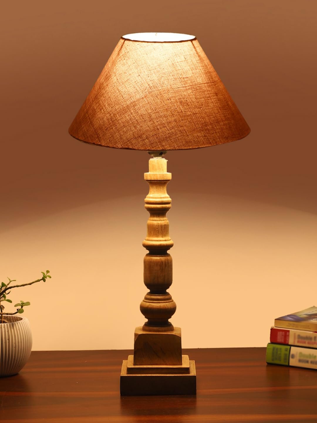 Grey Table Lamp with Wooden Natural Base - Height 21Inches/Without Bulb | for Living Room, Bedroom Decoration, Home Decor, Gifting | Decorative Bedside & Desk Table Lamp