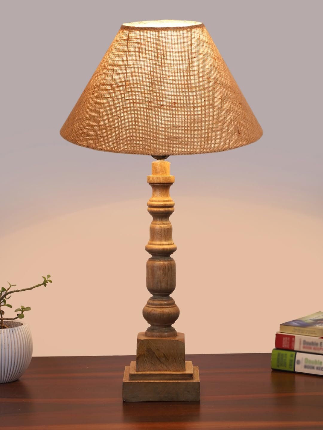 Beige Cotton Shade Table Lamp with Wooden Natural Base - Height 21Inches/Without Bulb | for Living Room, Bedroom Decoration, Home Decor, Gifting | Decorative Bedside & Desk Table Lamp