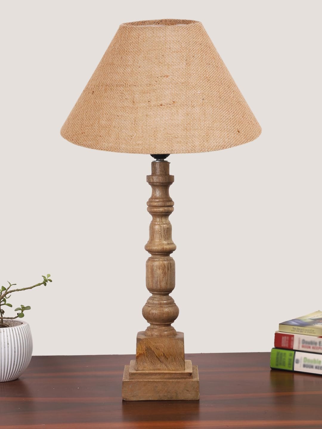 Beige Cotton Shade Table Lamp with Wooden Natural Base - Height 21Inches/Without Bulb | for Living Room, Bedroom Decoration, Home Decor, Gifting | Decorative Bedside & Desk Table Lamp