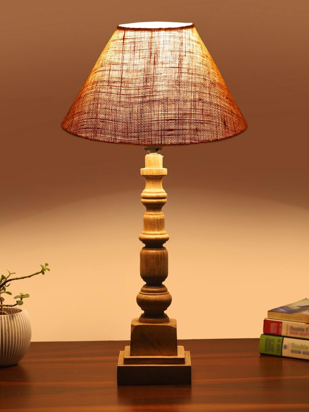 Beige Cotton Shade Table Lamp with Wooden Natural Base - Height 21Inches/Without Bulb | for Living Room, Bedroom Decoration, Home Decor, Gifting | Decorative Bedside & Desk Table Lamp