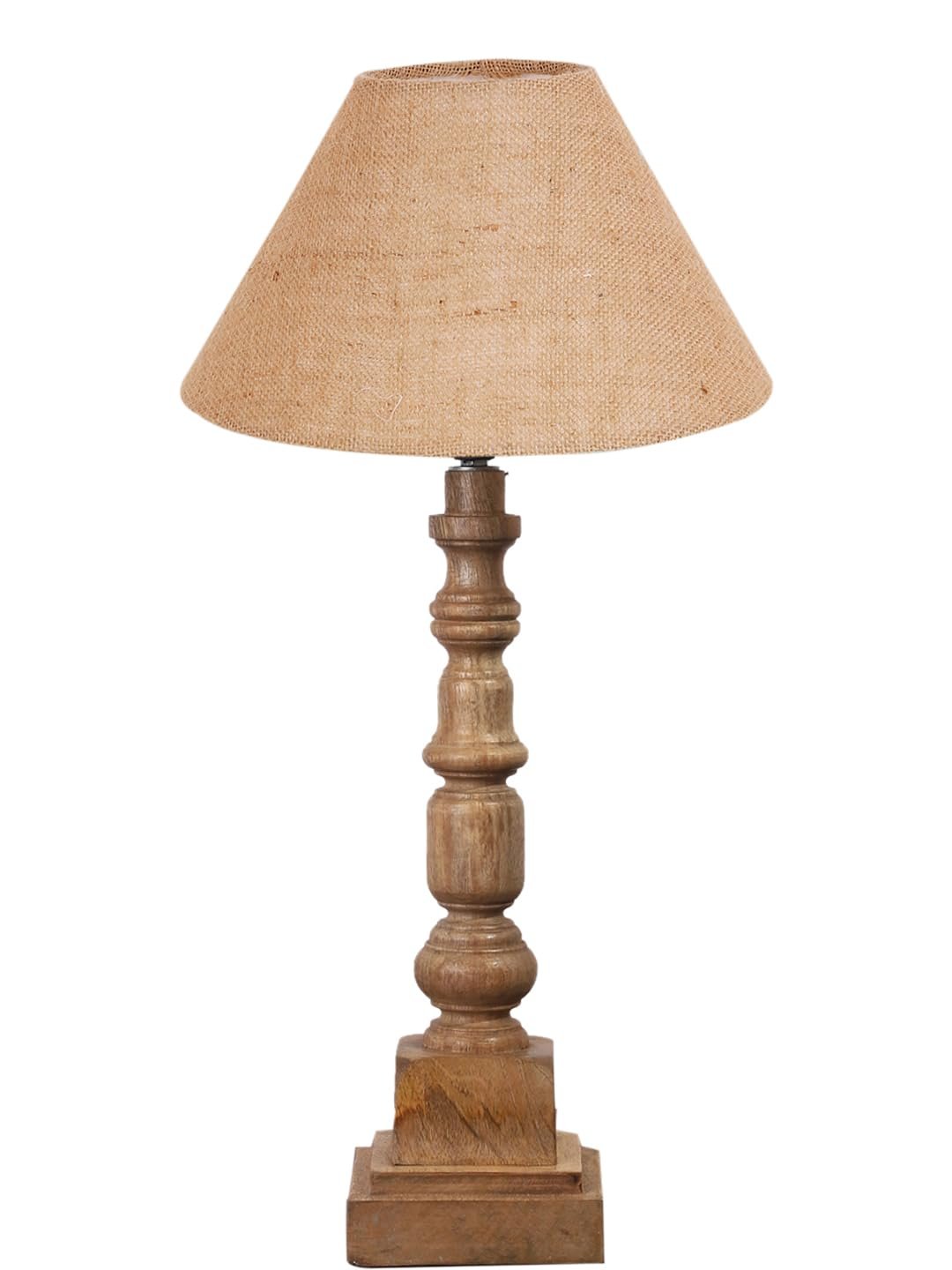 Beige Cotton Shade Table Lamp with Wooden Natural Base - Height 21Inches/Without Bulb | for Living Room, Bedroom Decoration, Home Decor, Gifting | Decorative Bedside & Desk Table Lamp