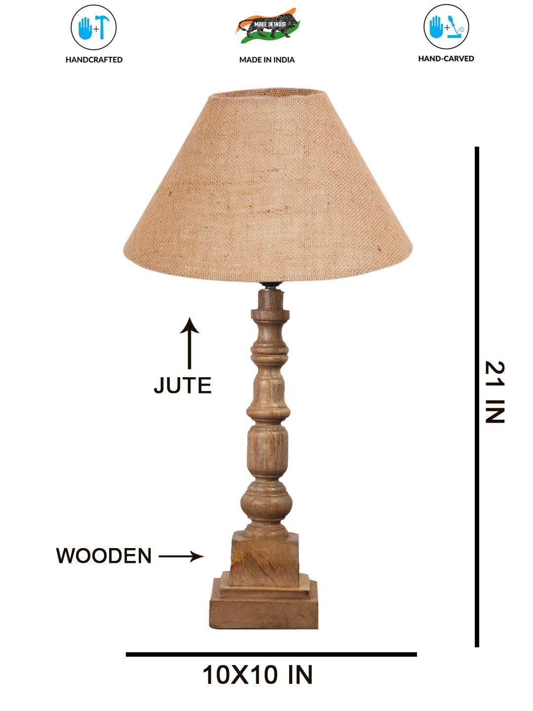 Beige Cotton Shade Table Lamp with Wooden Natural Base - Height 21Inches/Without Bulb | for Living Room, Bedroom Decoration, Home Decor, Gifting | Decorative Bedside & Desk Table Lamp
