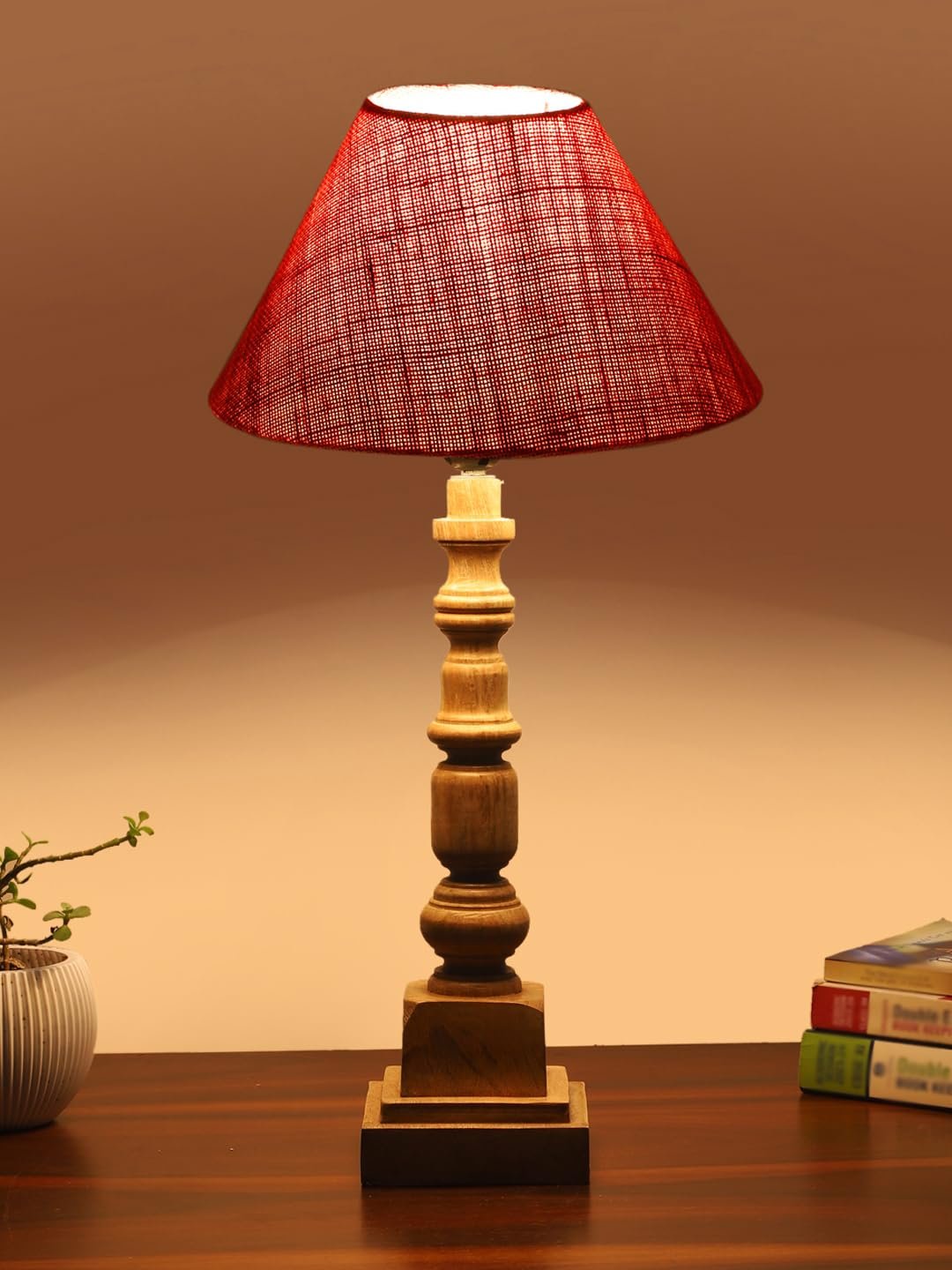Pink Cotton Shade Table Lamp with Wooden Natural Base - Height 21Inches/Without Bulb | for Living Room, Bedroom Decoration, Home Decor, Gifting | Decorative Bedside & Desk Table Lamp
