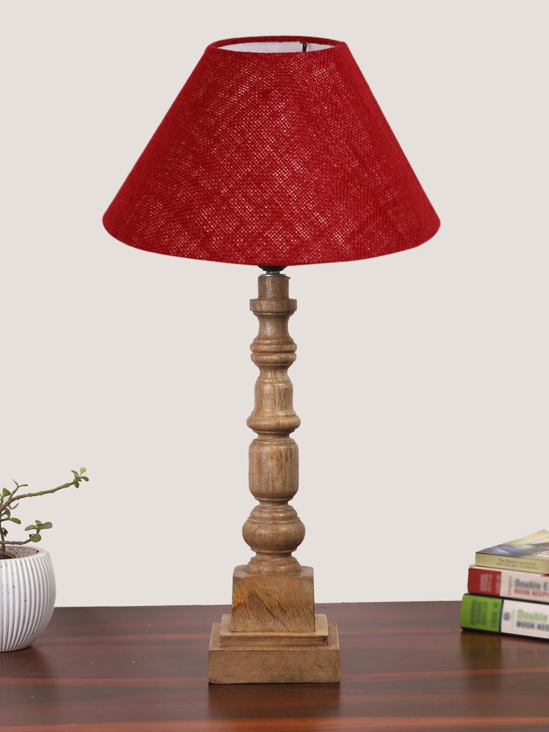Maroon Cotton Shade Table Lamp with Wooden Natural Base - Height 21Inches/Without Bulb | for Living Room, Bedroom Decoration, Home Decor, Gifting | Decorative Bedside & Desk Table Lamp