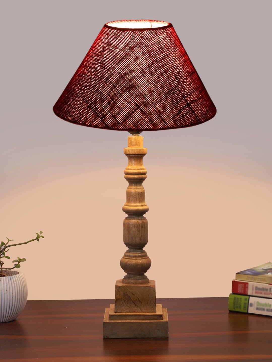 Maroon Cotton Shade Table Lamp with Wooden Natural Base - Height 21Inches/Without Bulb | for Living Room, Bedroom Decoration, Home Decor, Gifting | Decorative Bedside & Desk Table Lamp