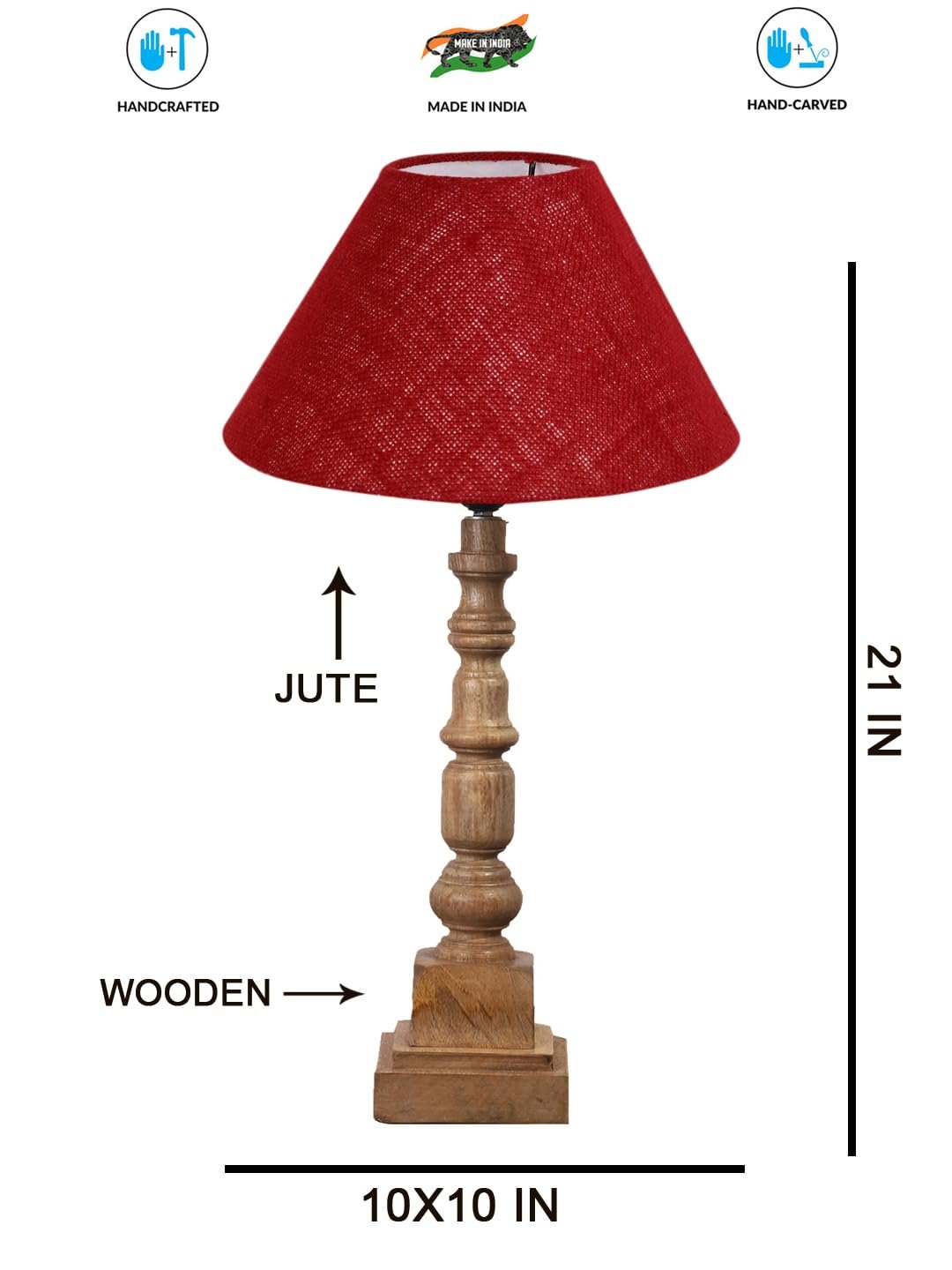 Maroon Cotton Shade Table Lamp with Wooden Natural Base - Height 21Inches/Without Bulb | for Living Room, Bedroom Decoration, Home Decor, Gifting | Decorative Bedside & Desk Table Lamp