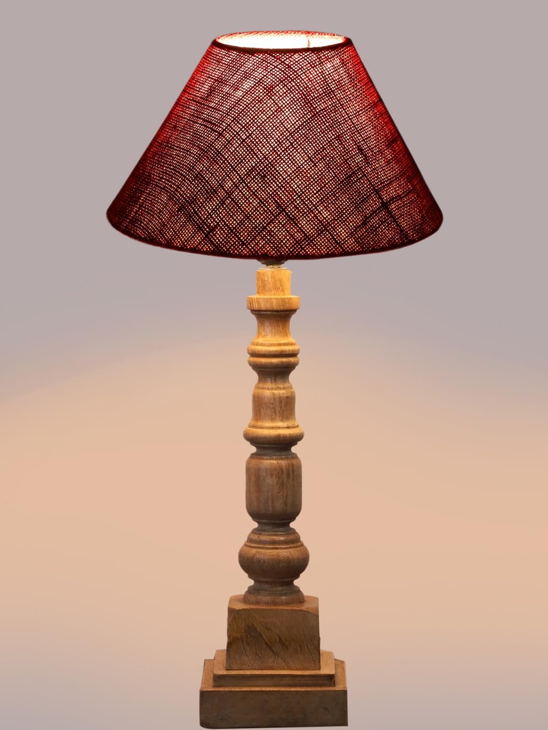 Maroon Cotton Shade Table Lamp with Wooden Natural Base - Height 21Inches/Without Bulb | for Living Room, Bedroom Decoration, Home Decor, Gifting | Decorative Bedside & Desk Table Lamp