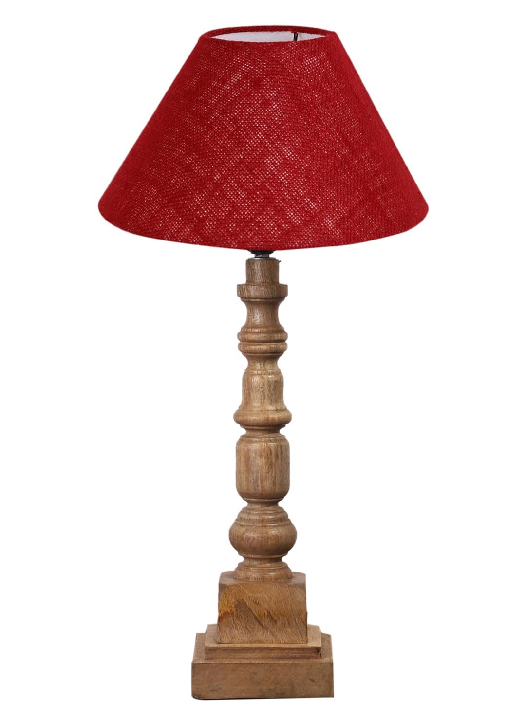 Maroon Cotton Shade Table Lamp with Wooden Natural Base - Height 21Inches/Without Bulb | for Living Room, Bedroom Decoration, Home Decor, Gifting | Decorative Bedside & Desk Table Lamp