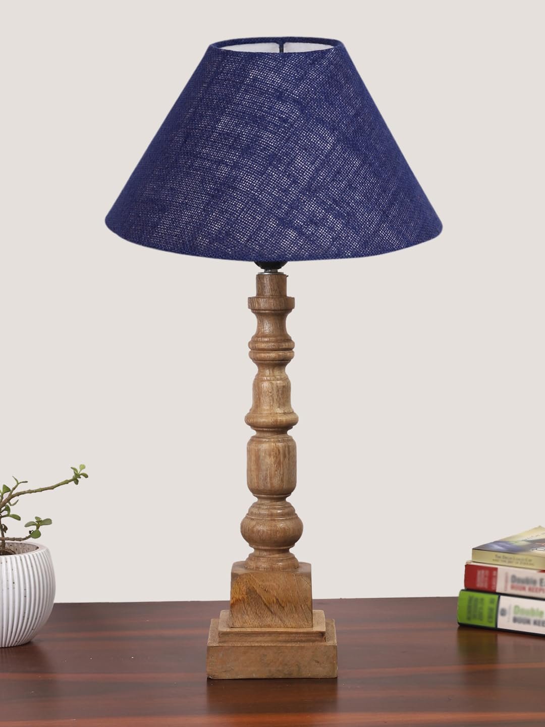 Blue Cotton Shade Table Lamp with Wooden Natural Base - Height 21Inches/Without Bulb | for Living Room, Bedroom Decoration, Home Decor, Gifting | Decorative Bedside & Desk Table Lamp